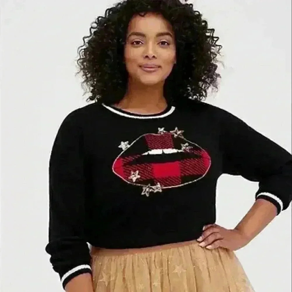 Torrid Knit Crew Neckline Sweater Long Sleeve Black White Red Gold Sequins NWT